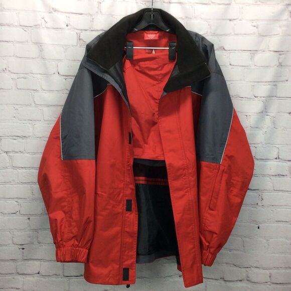 Rain Jacket/Coat Men's X-Large Red & Gray Zip Off Hood Full Zip Plus Hook & Loop - Picture 1 of 11